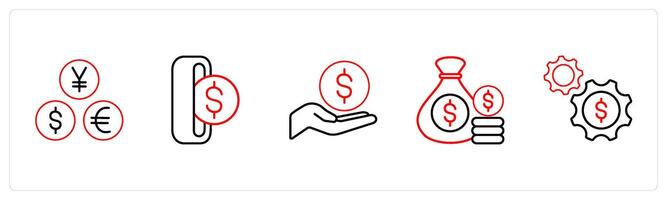 A set of 5 ecommerce and shopping icons such as currency, pay, donation in red line color vector