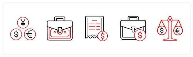 A set of 5 ecommerce and shopping icons such as currency, money bag, bill in red line color vector