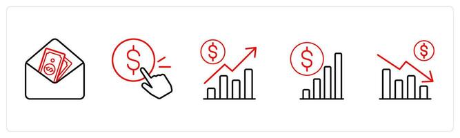 A set of 5 ecommerce and shopping icons such as email funds, pay per click in red line color vector