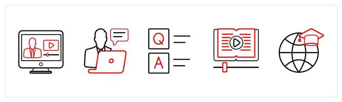 A set of 5 online education icons such as online classes, online study in red line color vector