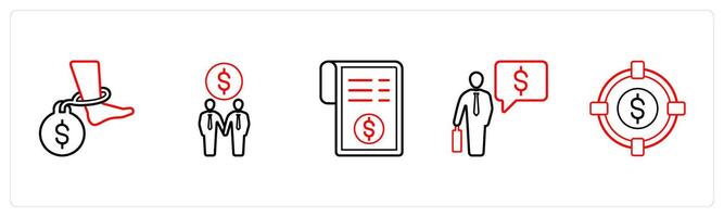 A set of 5 ecommerce and shopping icons such as debt, partnership, invoice in red line color vector