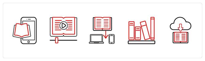 A set of 5 online education icons such as ebook, data share in red line color vector