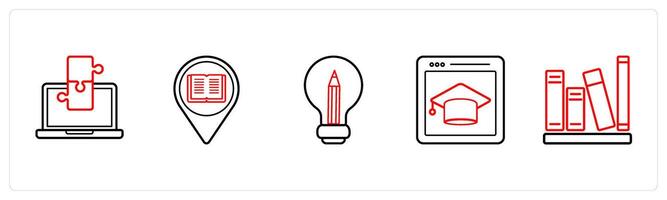 A set of 5 online education icons such as puzzle, locate university in red line color vector