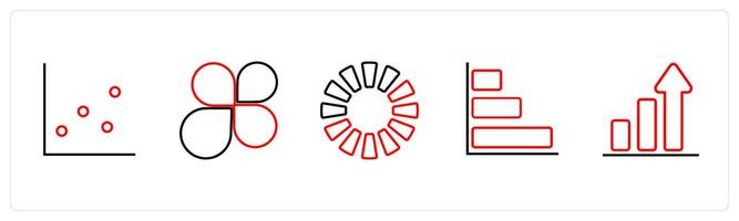 A set of 5 diagram and report icons such as bar chart, flower chart in red line color vector
