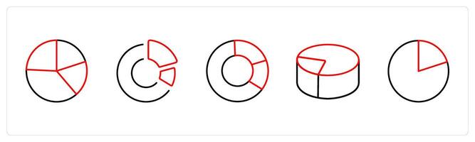 A set of 5 diagram and report icons such as pie chart, chart, graph in red line color vector