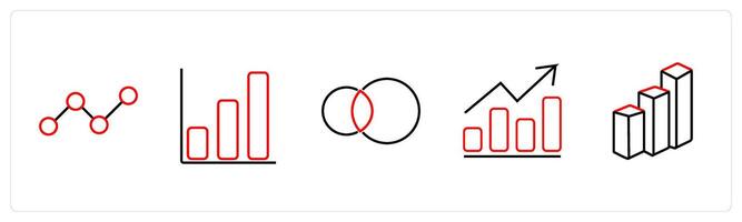 A set of 5 diagram and report icons such as statistics, bars, infographic circles in red line color vector