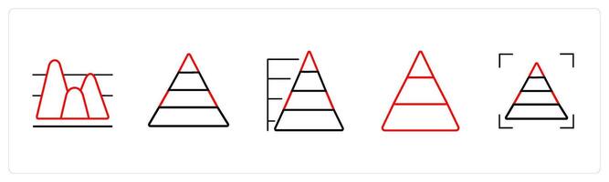 A set of 5 diagram and report icons such as analysis, pyramid, triangle in red line color vector