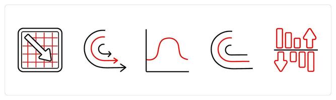 A set of 5 diagram and report icons such as stock market loss, comparison in red line color vector