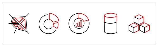 A set of 5 diagram and report icons such as pentagon, pie chart in red line color vector
