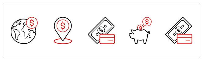 A set of 5 finance and money icons such as world bank, bank location in red line color vector