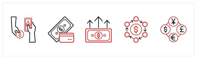 A set of 5 finance and money icons such as money change, currency in red line color vector