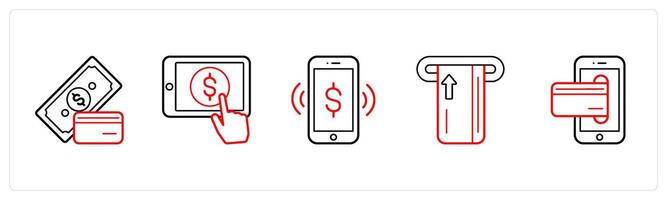 A set of 5 finance and money icons such as currency, online pay in red line color vector