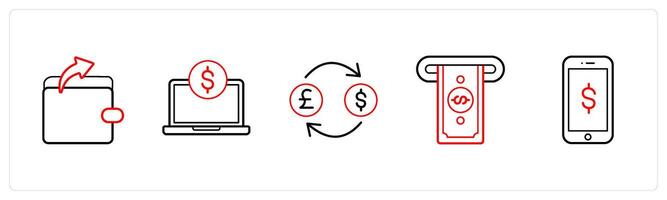A set of 5 finance and money icons such as expenses, online payment in red line color vector