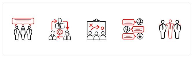 communication, teamwork, strategy, in red line color vector