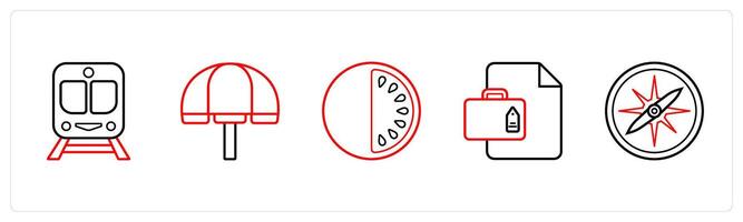 train, beach, watermelon in red line color vector