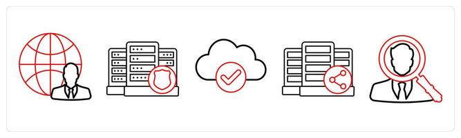 A set of 5 big data icons as businessman, server security, cloud verification in red line color vector