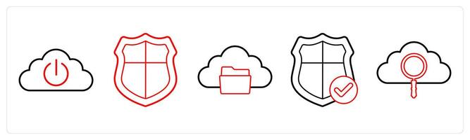 A set of 5 big data icons as cloud, security, cloud folder in red line color vector
