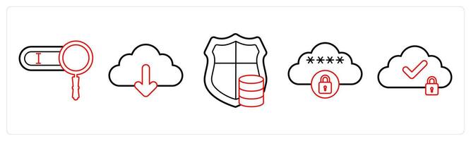 A set of 5 big data icons as search bar, cloud download, server security in red line color vector