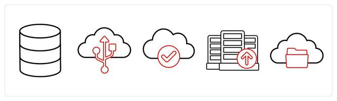 A set of 5 big data icons as server, cloud connection, cloud verification in red line color vector