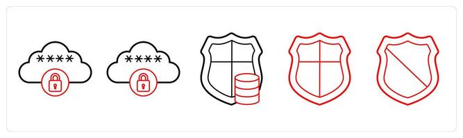 A set of 5 big data icons as search profile, cloud encryption, server security in red line color vector