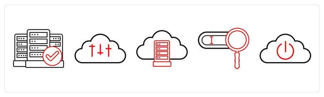 A set of 5 big data icons as verified server, cloud setting, cloud server in red line color vector