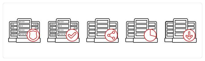A set of 5 big data icons as server security, verified server, share drive data in red line color vector