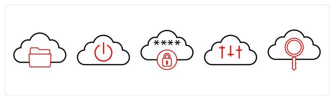 A set of 5 big data icons as cloud folder, cloud, cloud encryption in red line color vector