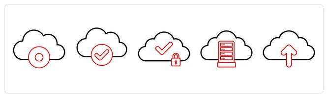 A set of 5 big data icons as cloud disc, cloud verification, cloud security in red line color vector