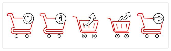 A set of 5 cart icons as favorite cart, cart information, cart items in red line color vector