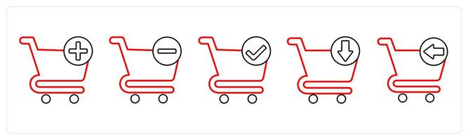 A set of 5 cart icons as add to cart, remove from cart, verified cart in red line color vector
