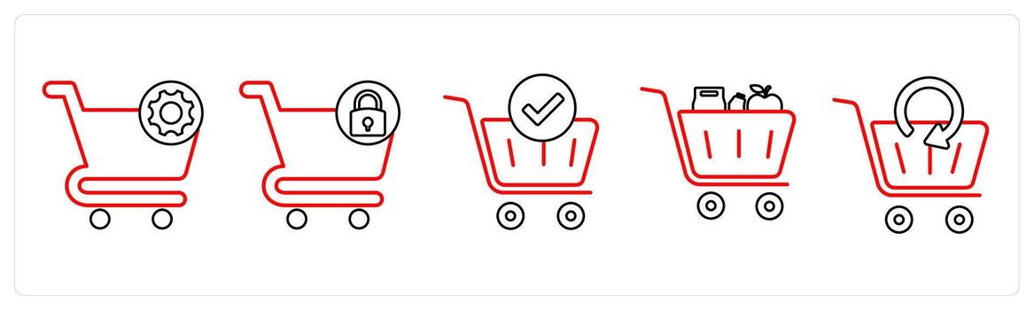 A set of 5 cart icons as cart setting, cart security, cart approved in red line color vector