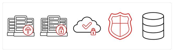A set of 5 big data icons as upload on server, server security, cloud security in red line color vector
