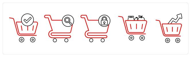 A set of 5 cart icons as cart approved, cart search, cart security in red line color vector