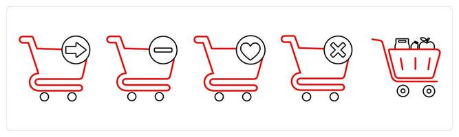 A set of 5 cart icons as send to cart, remove from cart, favorite cart in red line color vector