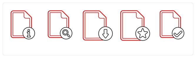 A set of 5 file icons as file information, search file, download file in red line color vector