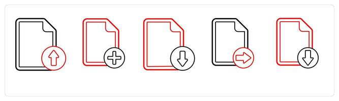 A set of 5 file icons as upload, add file, download file in red line color vector