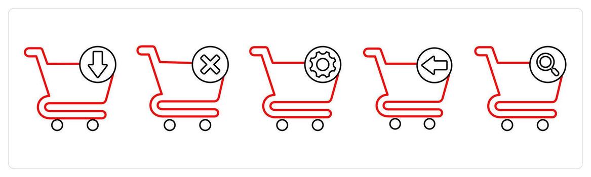 A set of 5 cart icons as download cart, delete cart, cart setting in red line color vector