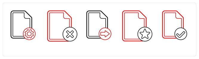 A set of 5 file icons as file setting, wrong, send file in red line color vector