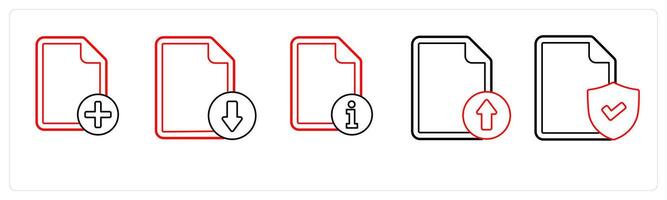 A set of 5 file icons as add file, download file, file information in red line color vector