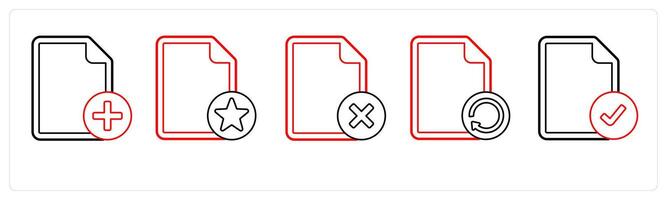A set of 5 file icons as add document, star, wrong in red line color vector