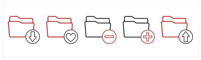 A set of 5 folder icons as download folder, favorite folder, remove folder in red line color vector