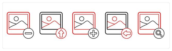A set of 5 image icons as remove image, upload image, add image in red line color vector