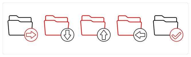 A set of 5 folder icons as send folder, download folder, upload folder in red line color vector