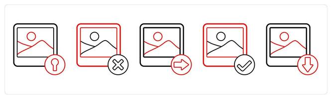 A set of 5 image icons as locked image, delete image, send image in red line color vector