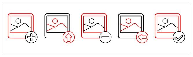 A set of 5 image icons as add image, upload image, remove image in red line color vector