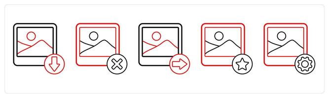 A set of 5 image icons as download image, delete image, send image in red line color vector