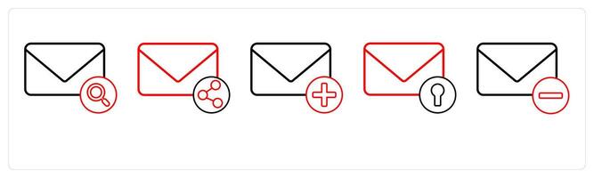 A set of 5 mail icons as search message, share mail, add message in red line color vector