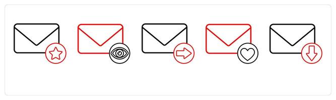 A set of 5 mail icons as star mail, view mail, send mail in red line color vector