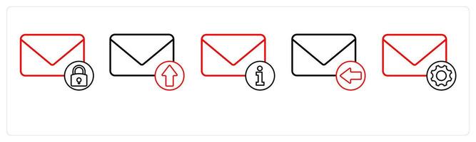 A set of 5 mail icons as mail security, send mail, mail information in red line color vector