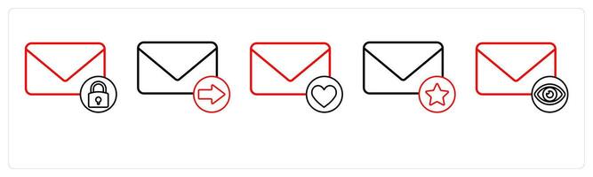 A set of 5 mail icons as mail security, send mail, favorite mail in red line color vector
